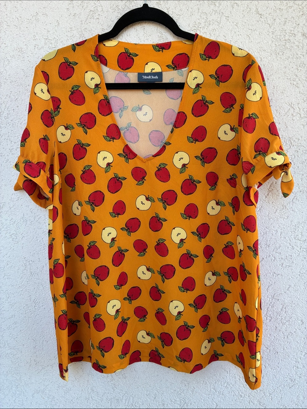 ModCloth Mustard Apple-Print V-Neck Tie Details Short Sleeve Blouse